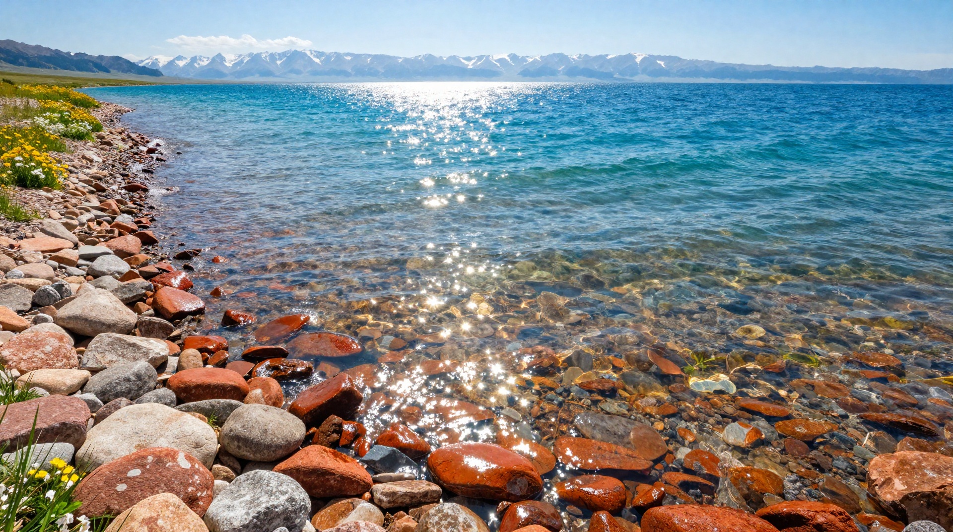 Летний берег Иссык-Куля с прозрачной бирюзовой водой и цветущими альпийскими лугами