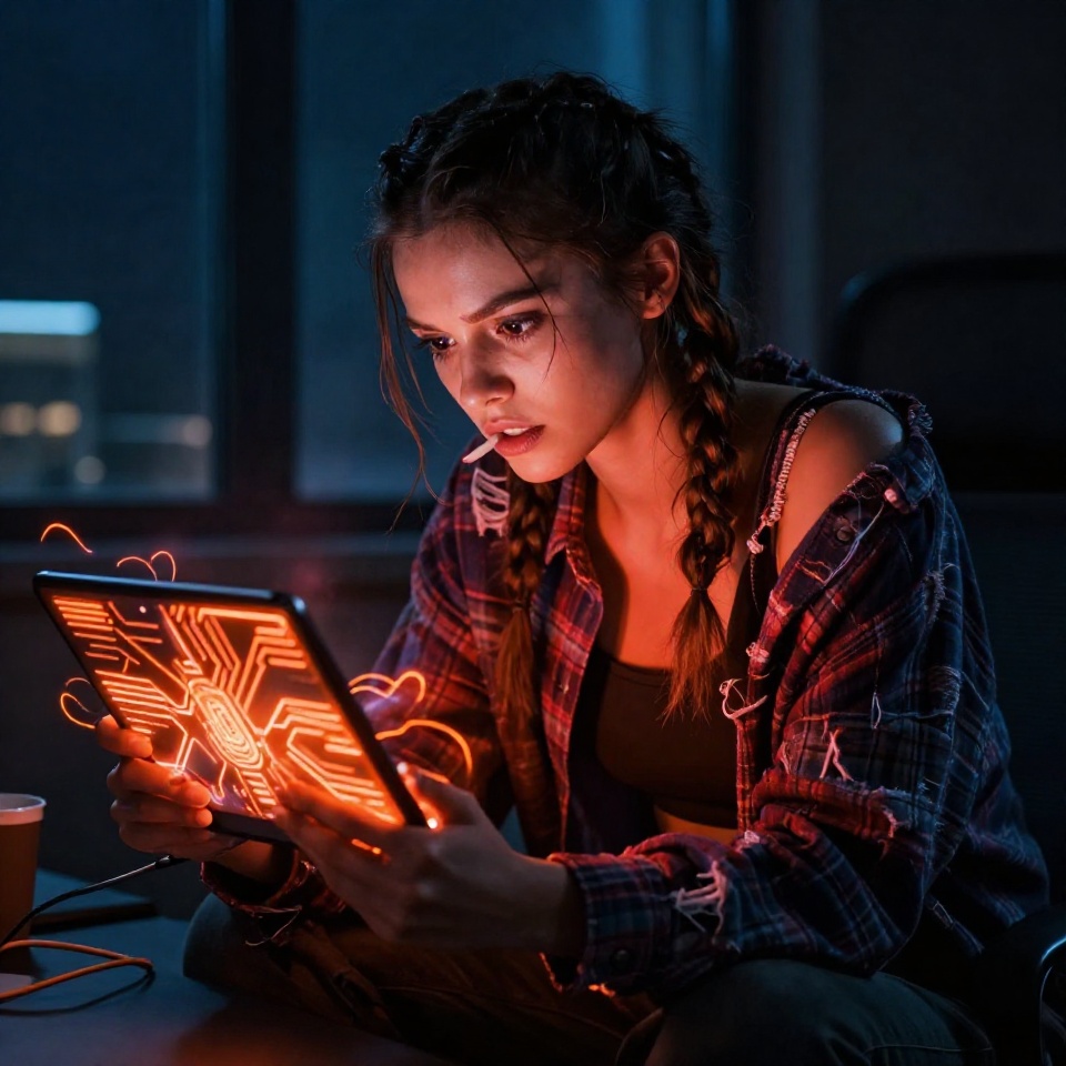 Молодая разработчица работает с TRON Energy API поздно ночью, интенсивный красно-оранжевый свет планшета отражается на её сосредоточенном лице
