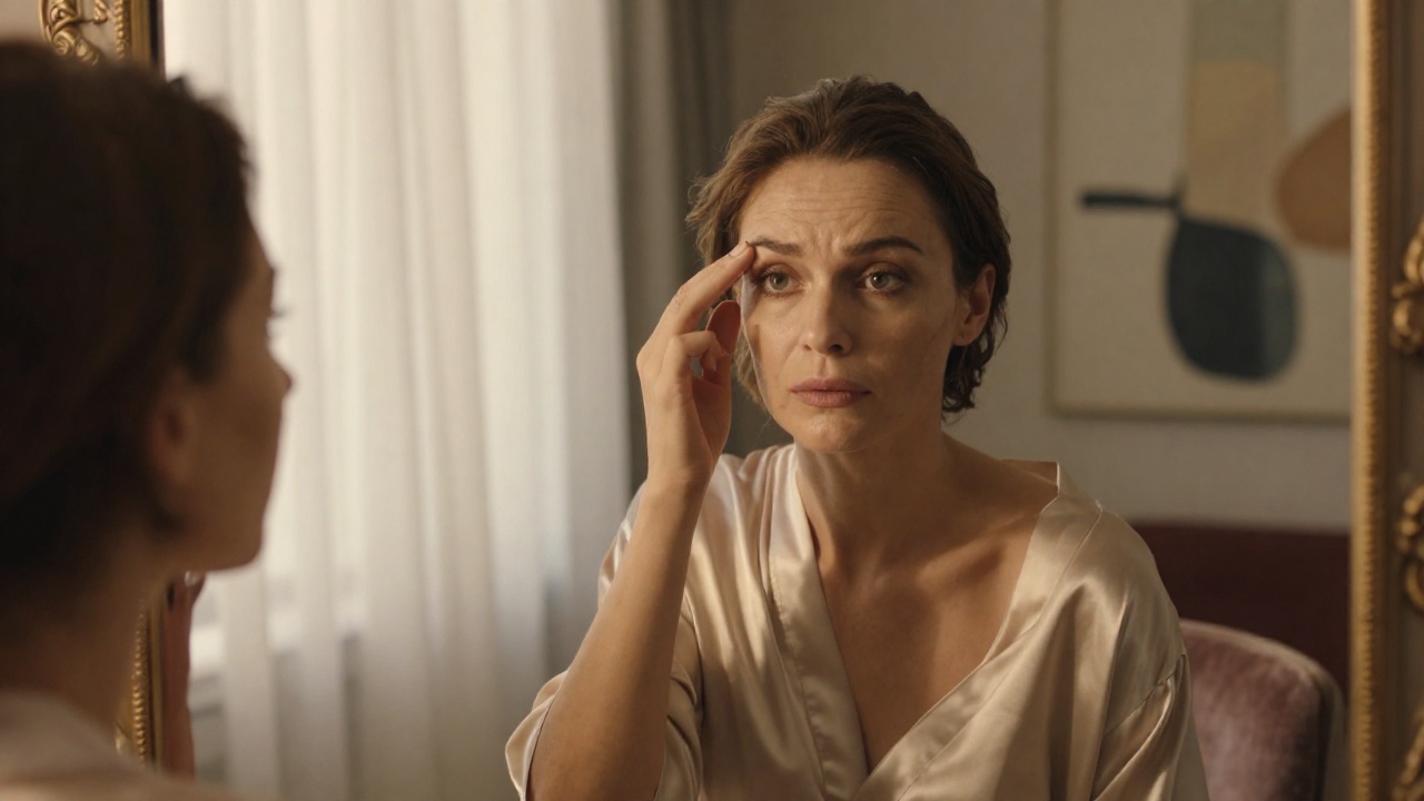 Женщина рассматривает своё отражение в зеркале, оценивая линию бровей и лоб — концепция принятия решения о пластике лица